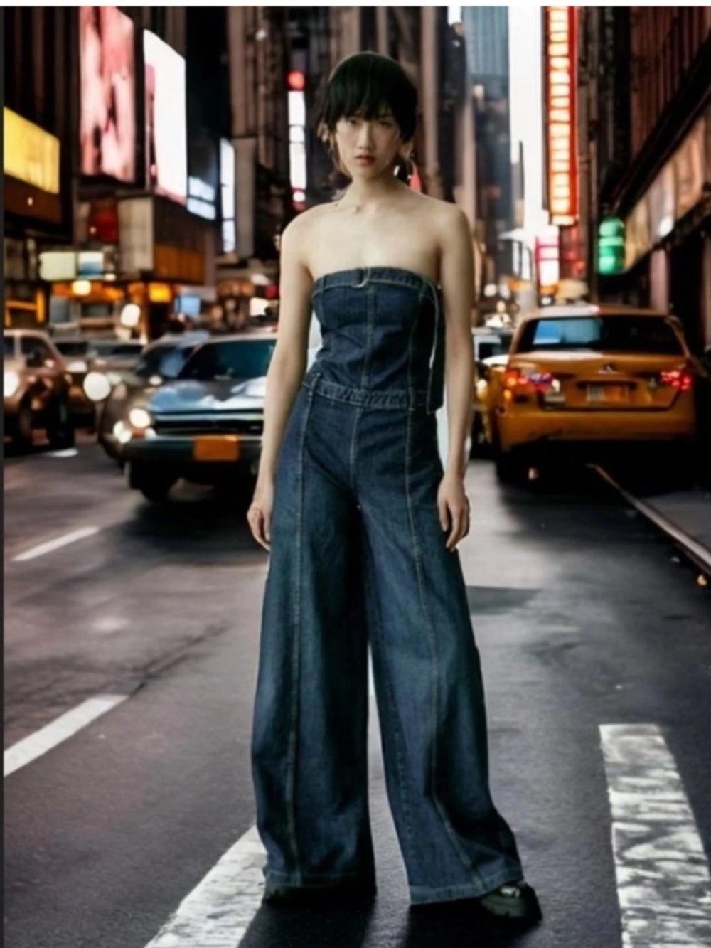Zara Dark Blue Strapless Wide-Leg Denim Jumpsuit